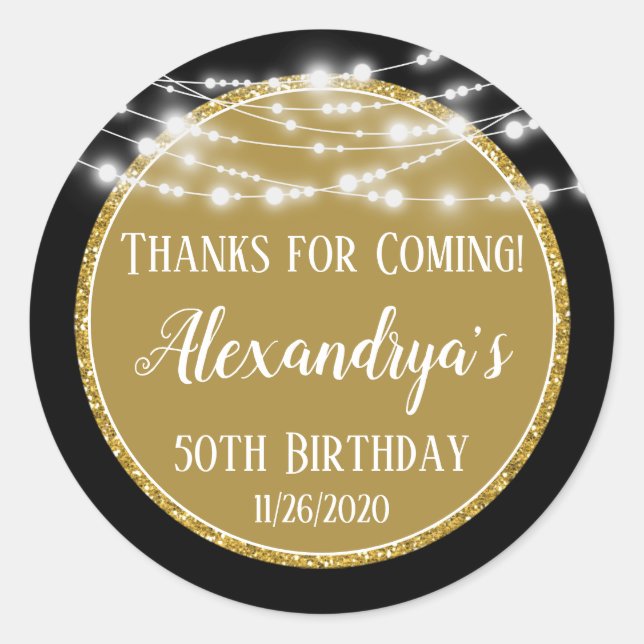 Adesivo Redondo Obrigados Dourados De Aniversário Preto Para As Ma (Frente)