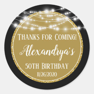 Adesivo Redondo Obrigados Dourados De Aniversário Preto Para As Ma