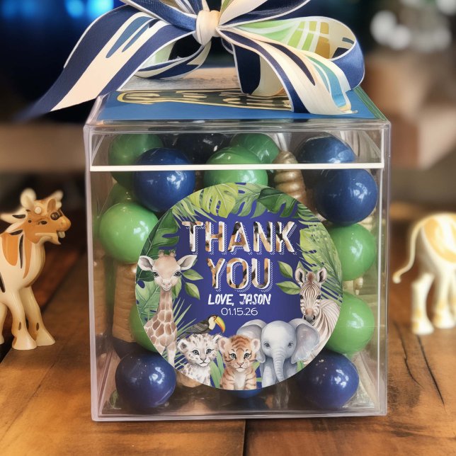 Adesivo Redondo Obrigados Favoráveis de primeiro aniversario de Ma (Navy Blue safari animals themed birthday favor thank you stickers)