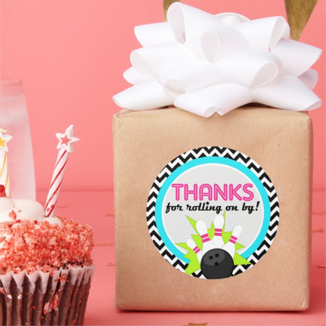 Adesivo Redondo Obrigados neon para enrolar pelos Boliches (Festa)