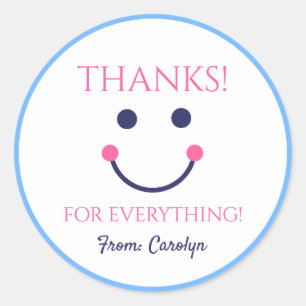 Adesivo Redondo OBRIGADOS para tudo. Rosto sorridente. Seu nome