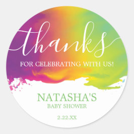 Adesivo Redondo Obrigados, Rainbow Watercolor Paint Splatter, Verd