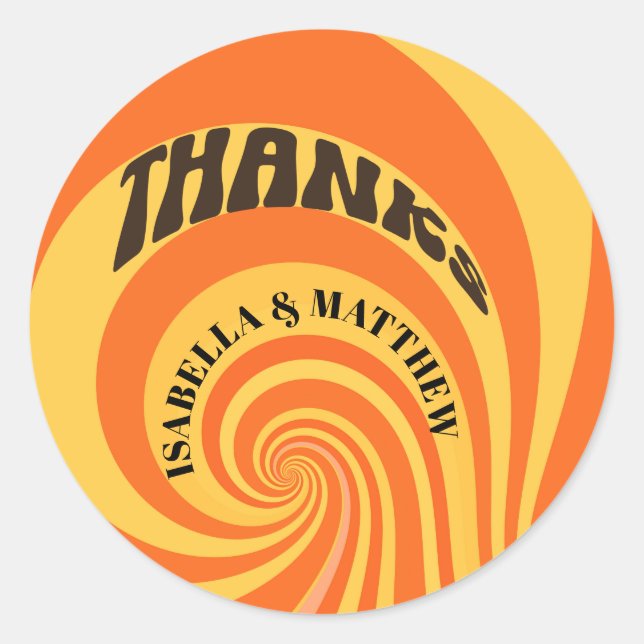 Adesivo Redondo Obrigados Retro 70s Casamento Amarelo Laranja (Frente)