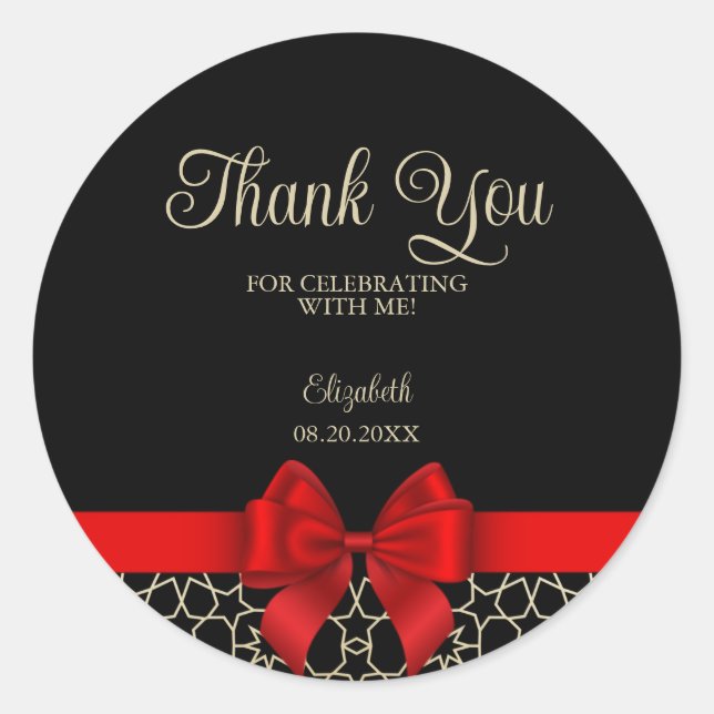 Adesivo Redondo Obrigados Vermelhos Geométricos do Egito, Dourado  (Frente)