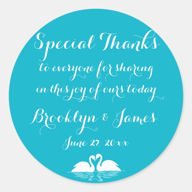 Adesivo Redondo Obrigados Vinhetas Brancas Azuis De Casamento Com  (Frente)