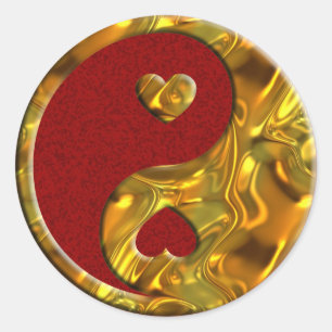 Adesivo Redondo Obscuridade do ouro de Yin & de Yang/corações