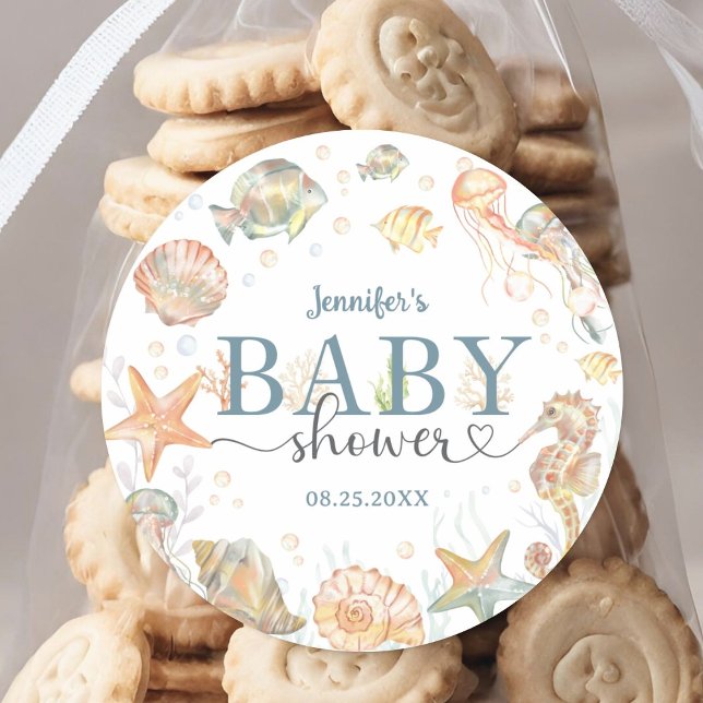 Adesivo Redondo Ocean Baby Shower Gender Neutral Under The Sea  (Criador carregado)