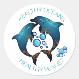 Adesivo Redondo Oceanos saudáveis golfinhos arte ambiental