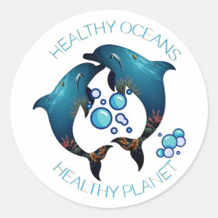 Adesivo Redondo Oceanos saudáveis golfinhos arte ambiental