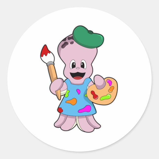 Adesivo Redondo Octopus como Pincel com Pincel de Tinta (Frente)