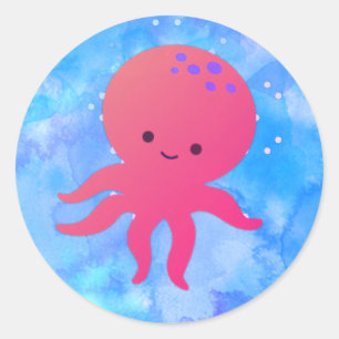 Adesivo Redondo Octopus De Cartoon Em Azul-Oceânico