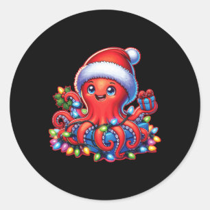 Adesivo Redondo Octopus De Natal Com Santa Hat E Luz De Férias