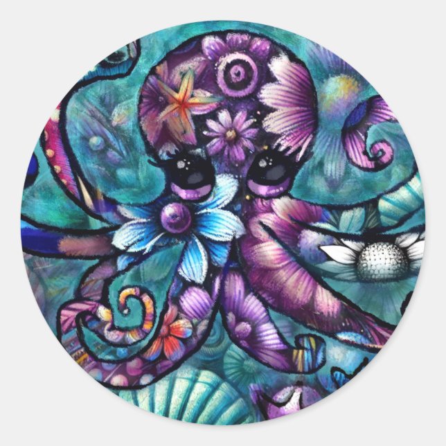 Adesivo Redondo Octopus Floral Teal Roxo Azul Costeira (Frente)
