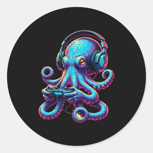 Adesivo Redondo Octopus Gaming Animal Video Games Funny Octopus  (Frente)