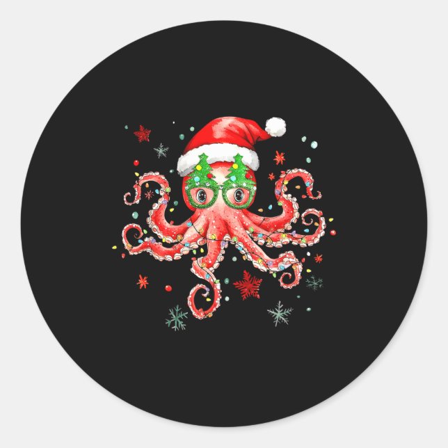 Adesivo Redondo Octopus Gles Santa Hat Christmas Light Ocean Anima (Frente)