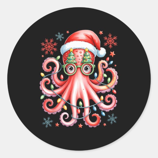 Adesivo Redondo Octopus Gles Santa Hat Christmas Light Ocean Anima (Frente)