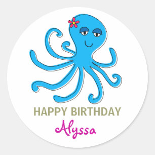 Adesivo Redondo Octopus Rapariga Azul, debaixo do Cupcake do mar