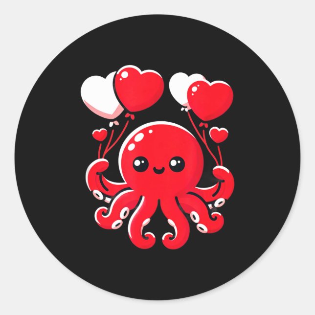 Adesivo Redondo Octopus With Heart Balloons Adorable Valentines Da (Frente)