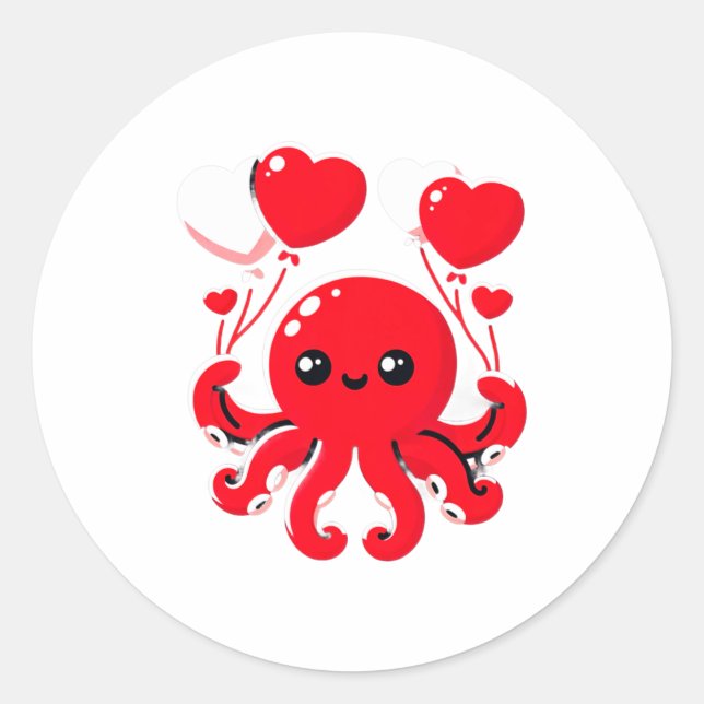 Adesivo Redondo Octopus With Heart Lloons Adorable Valentines Day  (Frente)