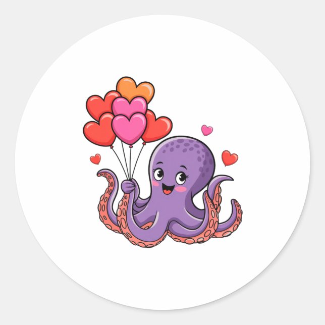 Adesivo Redondo Octopus With Heart Lloons Valentine Day  (Frente)
