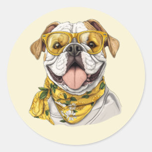 Adesivo Redondo Óculos de Sol de Bulldog Inglês Fofo com Limões