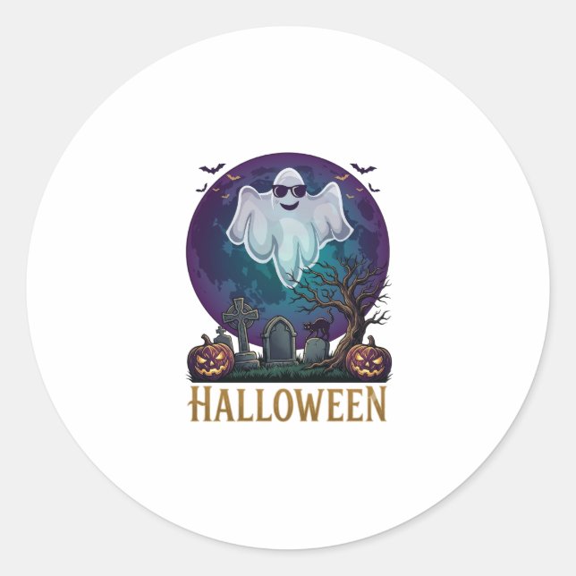 Adesivo Redondo Óculos de sol de fantasma de Halloween Lua roxa Ce (Frente)