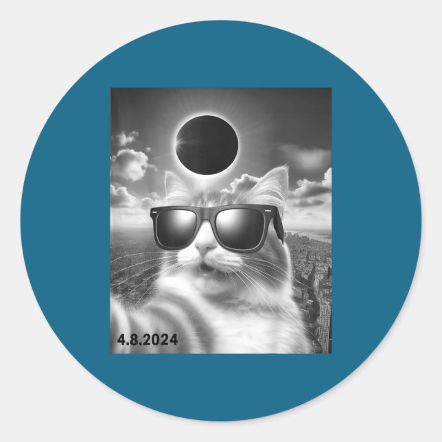 Adesivo Redondo Óculos de Sol de Gato Selfie Eclipse Solar (Frente)