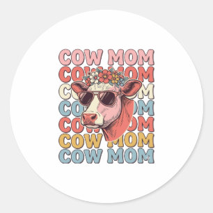 Adesivo Redondo Óculos de Sol Retrô Cow Mom Desenho de Gravura Vin