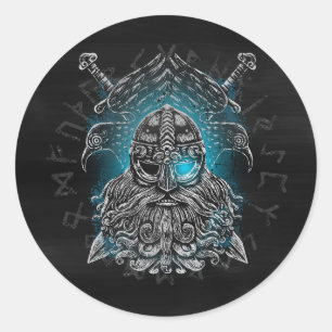 Adesivo Redondo Odin com corvos e espadas Mitologia Viking azul