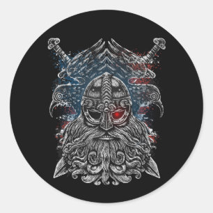 Adesivo Redondo Odin coroa e espadas Viking Mythology USA flag