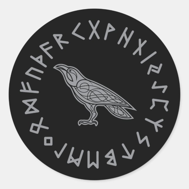 Adesivo Redondo Odin Raven Crow Viking Mythology corre em runic (Frente)