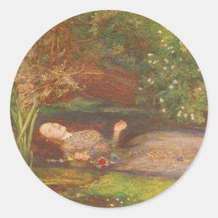 Adesivo Redondo Ofélia por Millais, Arte Fino Vitoriano Antigo