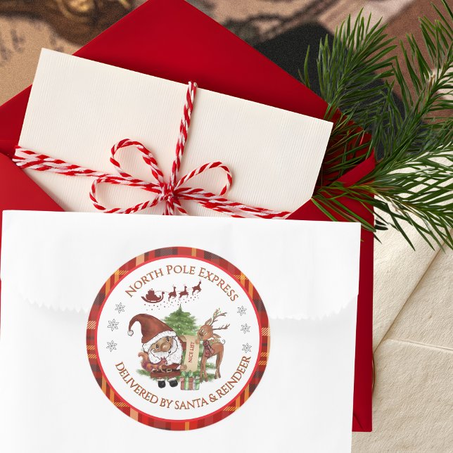 Adesivo Redondo Official North Pole Express Santa Red Plaid  (Official North Pole Express Santa Red Plaid Classic Round Sticker)