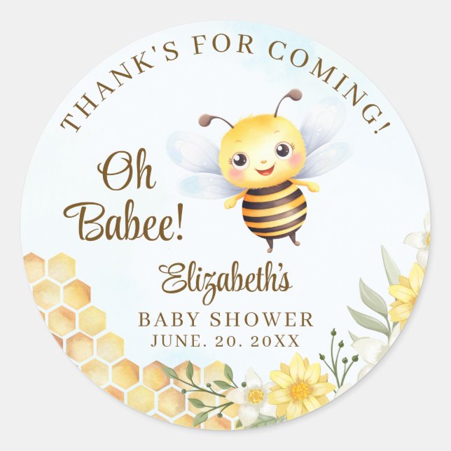 Adesivo Redondo Oh Babee, Baby shower with Cute Wild bee (Frente)