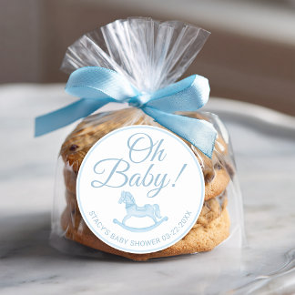 Adesivo Redondo Oh Baby Blue Rocking Horse Baby Shower Favor