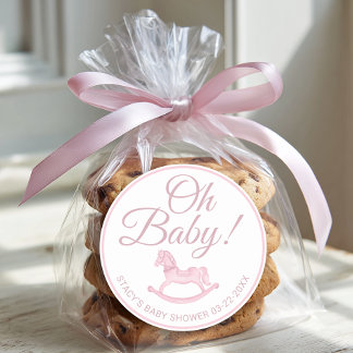 Adesivo Redondo Oh Baby Pink Rocking Horse Baby Shower Favor