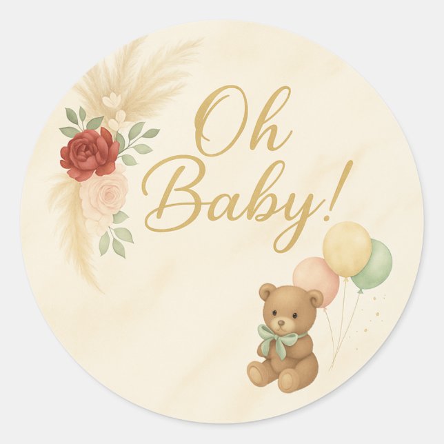 Adesivo Redondo Oh Baby! Teddy Bear & Pampas Baby Shower Sticker (Frente)