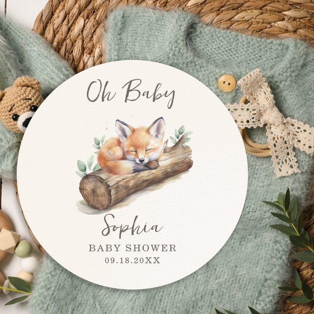 Adesivo Redondo Oh Baby Warm Beige Woodland Fox Baby Shower  (Criador carregado)