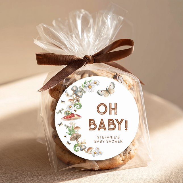 Adesivo Redondo Oh Baby Woodland Mushroom Baby Shower Favor  (Oh Baby - Baby Shower Favor Sticker)