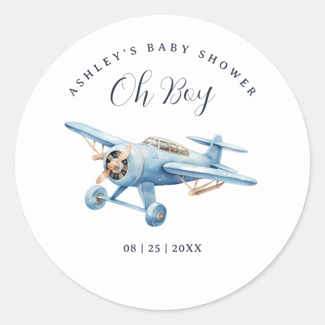 Adesivo Redondo Oh Boy! Adventure Awaits Airplane Boy Baby Shower (Frente)