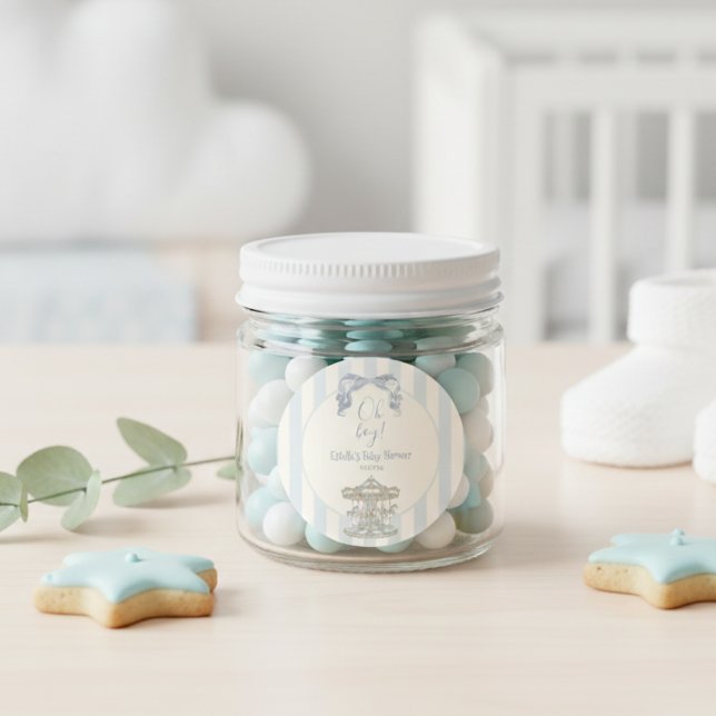 Adesivo Redondo Oh Boy Bow Carousel  Blue Stripe Baby Shower  (Criador carregado)