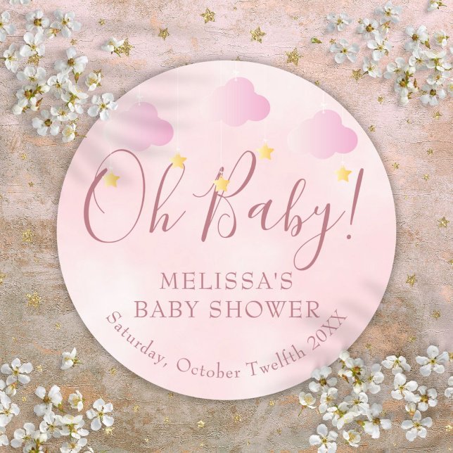 Adesivo Redondo Oh Chá de fraldas de Brilho Rosa Suave (Oh Baby Soft Pink Twinkle Twinkle Baby Shower Classic Round Sticker)
