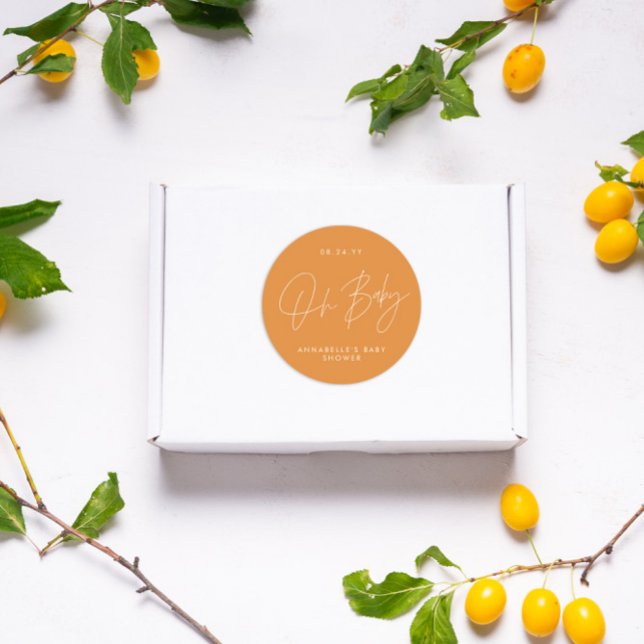 Adesivo Redondo Oh, Chá de fraldas, moderno orange elegante (Criador carregado)