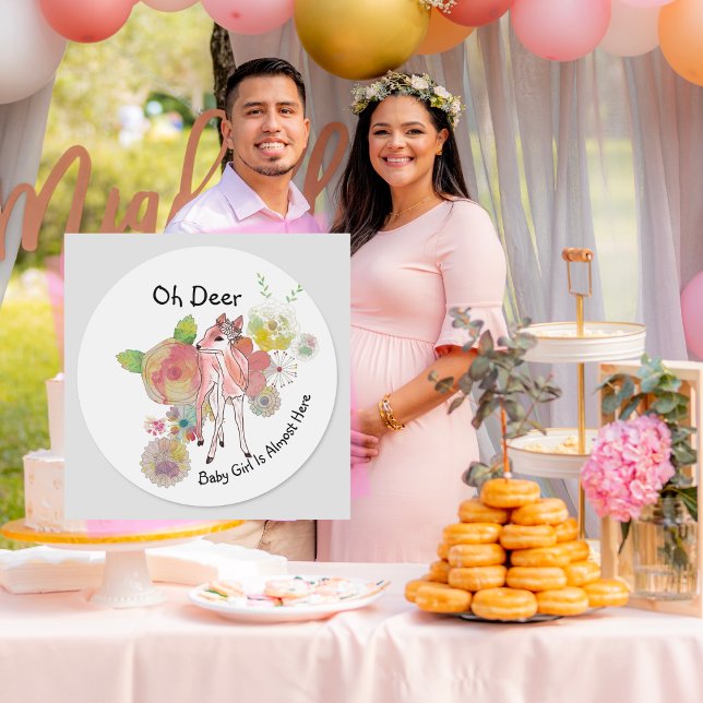 Adesivo Redondo Oh Deer Baby Girl Quase Aqui Pastel Selvagens (Oh Deer, Baby Girl Is Almost Here Favor Round Stickers)