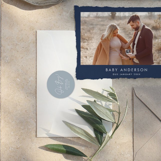 Adesivo Redondo oh garoto Chá de fraldas script azul elegante (Criador carregado)