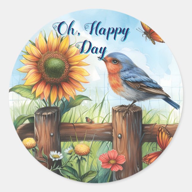 Adesivo Redondo Oh Happy Day Bluebird e Sunflower Sticker (Frente)