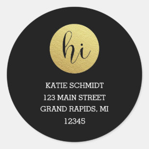 Adesivo Redondo 'Oi' no círculo de folha de ouro em preto