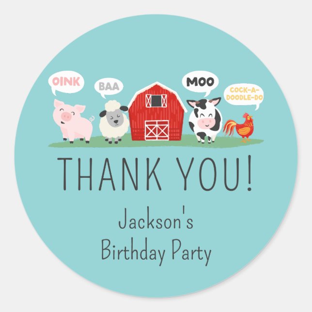 Adesivo Redondo Oink Baa Moo Obrigado Fazenda Festa Animal (Frente)