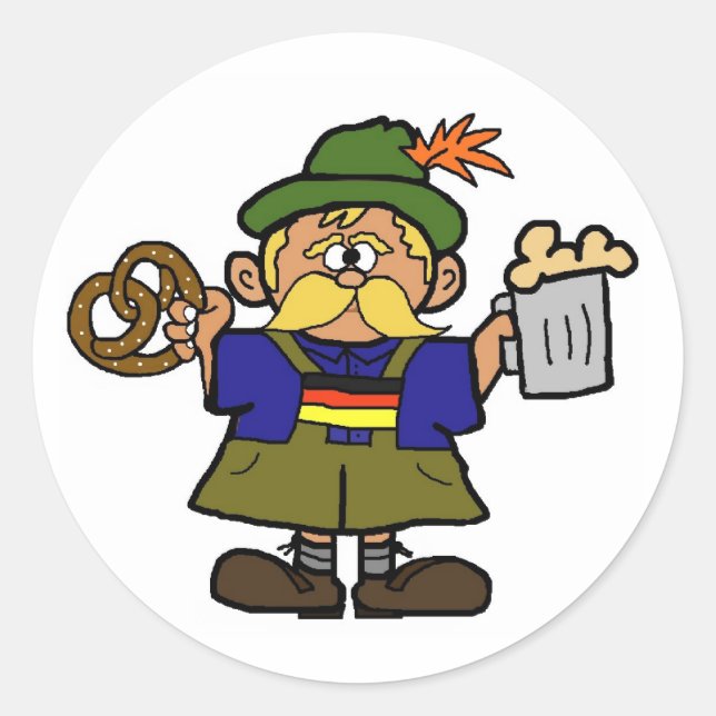 Adesivo Redondo Oktoberfest German Man with Beer & Pretzel Sticker (Frente)