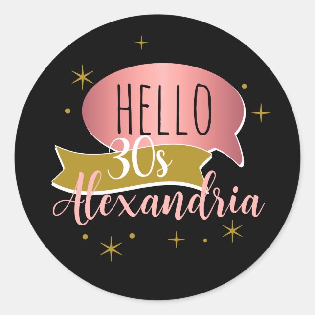 Adesivo Redondo Olá 30 Estiloso Personalizado 30º aniversário (Frente)